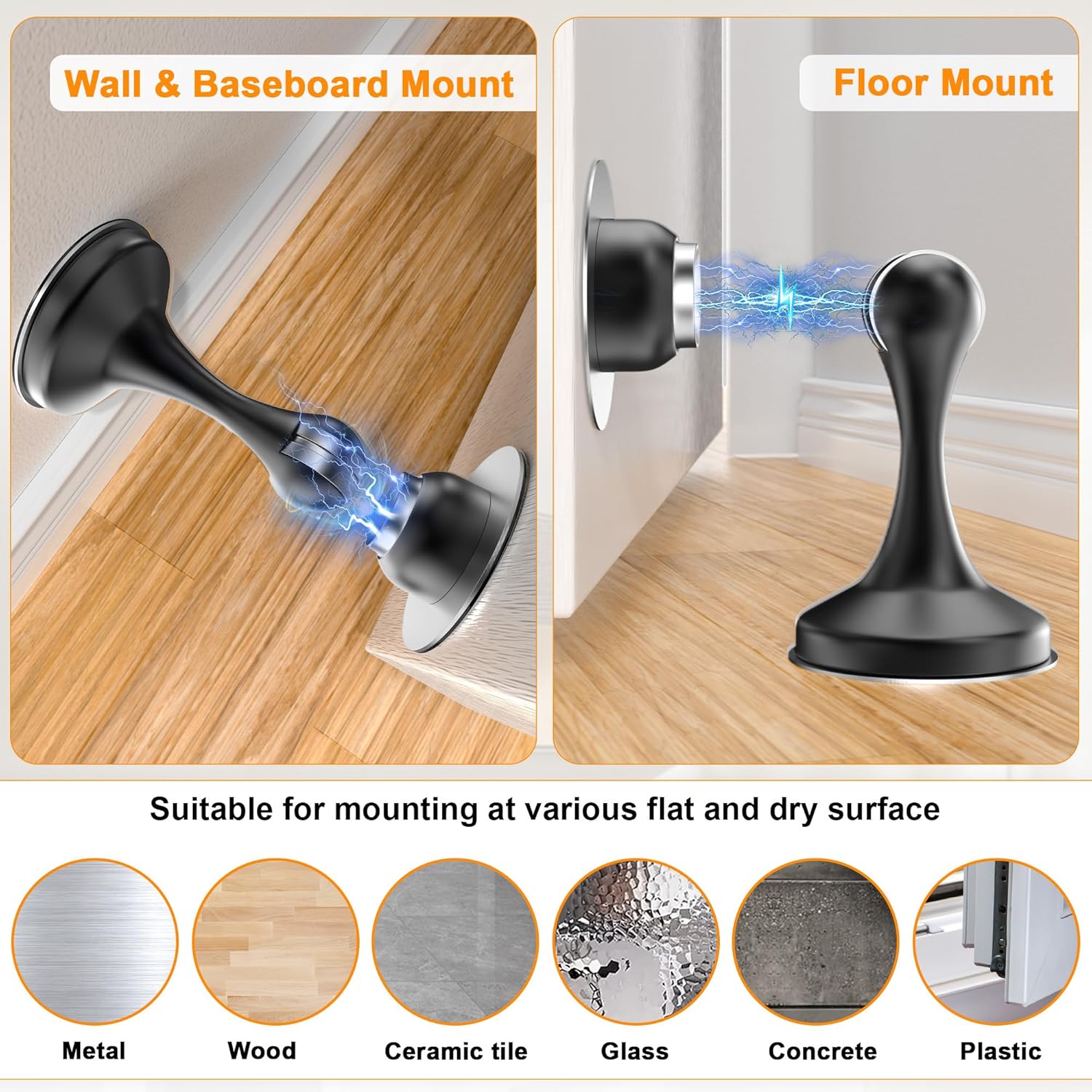 Crosize Magnetic Door Stoppers 2 Pack, Stainless Steel Door Stops, Wall-Mounted and Floor Mounting Metal Doorstops, Door Holder Keep Door Open, No Drilling Door Stop with Adhesive Tapes, Black